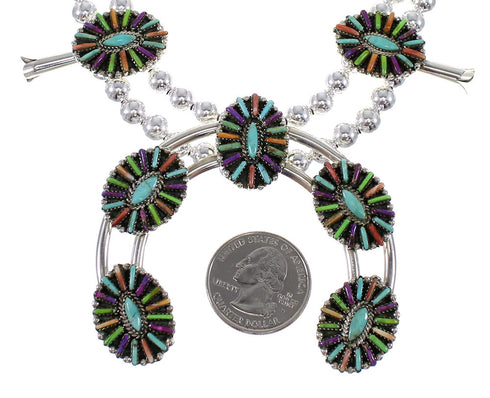 Southwest Multicolor Needlepoint Silver Squash Blossom Necklace Set WX71808